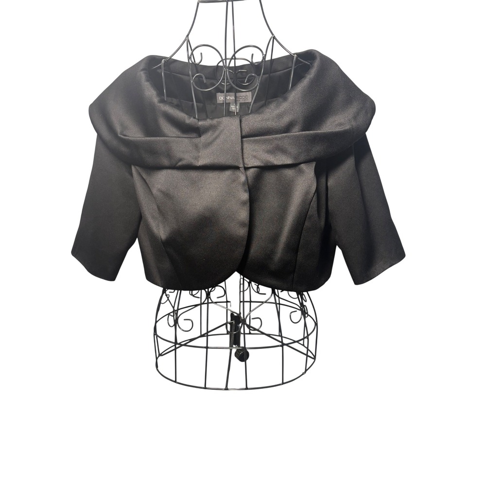 Donna Ricco Black Satin Cropped Bolero Jacket Portrait Collar Evening Shrug L